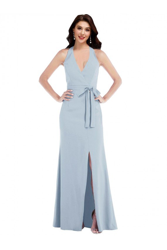 Sydney Open Back Halter Maxi Formal Crepe Bridesmaid Dress / Prom Dress with Draped Bow