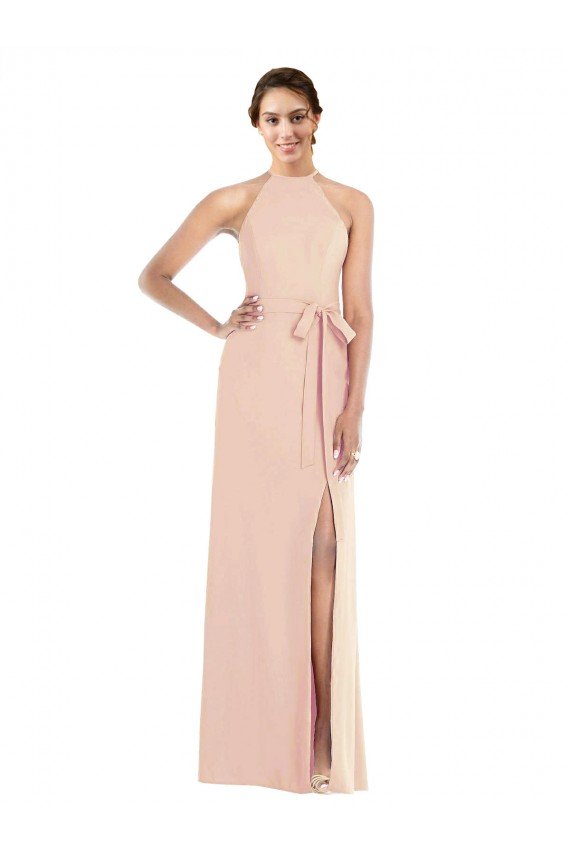 Sydney Halter Criss Cross Cutout Back Maxi Formal Crepe Bridesmaid Dress / Prom Dress
