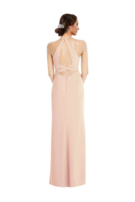 Sydney Halter Criss Cross Cutout Back Maxi Formal Crepe Bridesmaid Dress / Prom Dress