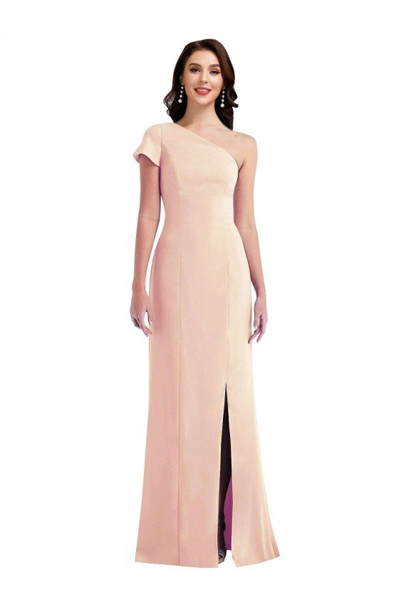 Sydney One Shoulder Cap Sleeves Trumpet Formal Crepe Bridesmaid Dress / Prom Dress with Front Slit