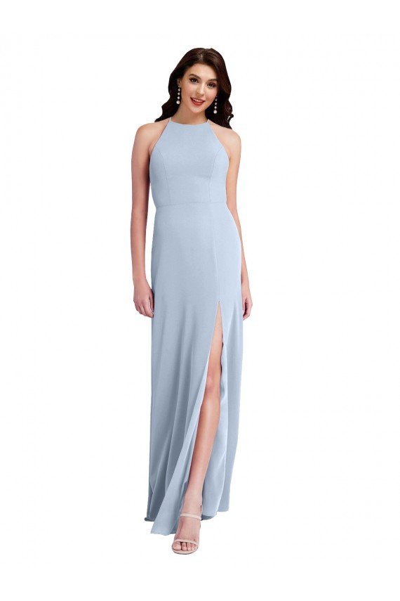Sydney Fit and Flare High Neck Formal Crepe Bridesmaid Dress / Prom Dress with Side Slit