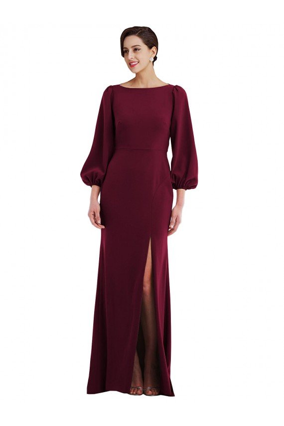 Sydney Bishop Sleeve Open Back Trumpet Formal Crepe Bridesmaid Dress / Prom Dress with Scarf Tie
