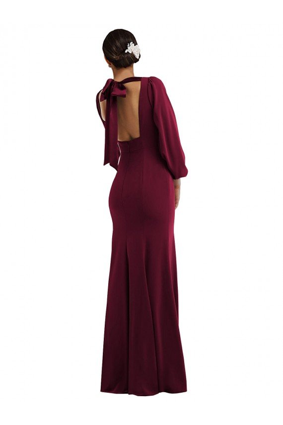 Sydney Bishop Sleeve Open Back Trumpet Formal Crepe Bridesmaid Dress / Prom Dress with Scarf Tie
