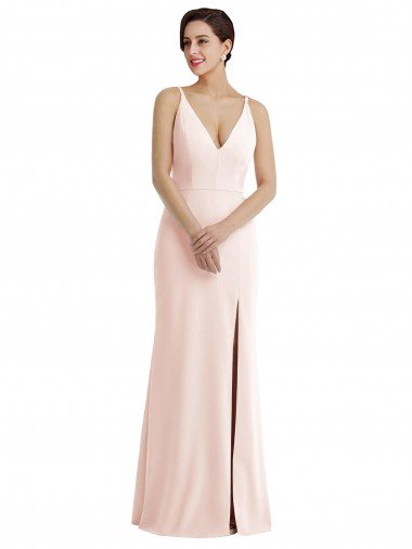 Sydney Skinny Strap Deep V-Neck Trumpet Formal Crepe Bridesmaid Dress / Prom Dress with Front Slit