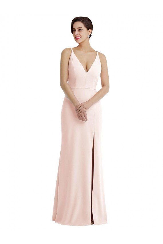 Sydney Skinny Strap Deep V-Neck Trumpet Formal Crepe Bridesmaid Dress / Prom Dress with Front Slit