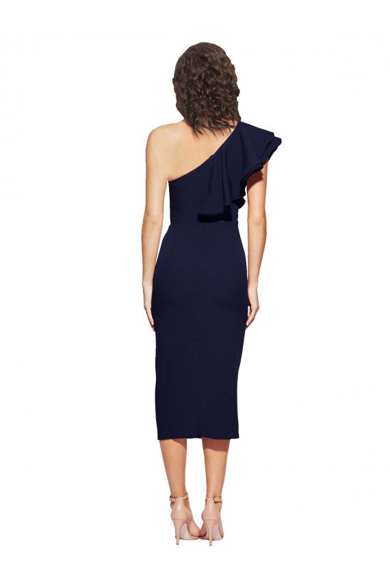 Sydney Ruched Midi Length Short Cocktail Formal Crepe Bridesmaid Dress / Prom Dress with Shoulder Ruffles