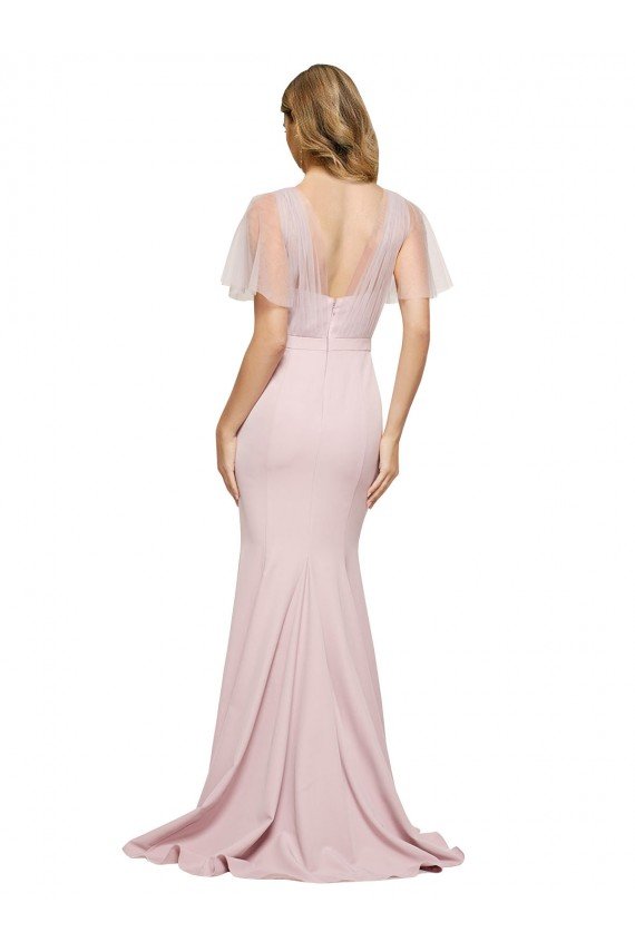 Sydney Crepe Long Sweetheart Neckline Formal Bridesmaid Dress / Prom Dress with Tulle Overlay Shoulders