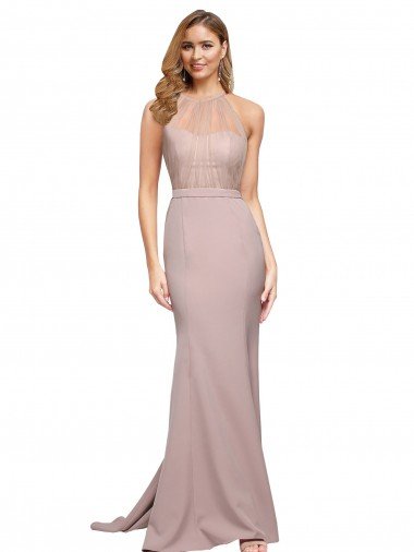 Sydney Long Sweetheart Formal Crepe Bridesmaid Dress / Prom Dress with High Neck Illusion Tulle Details