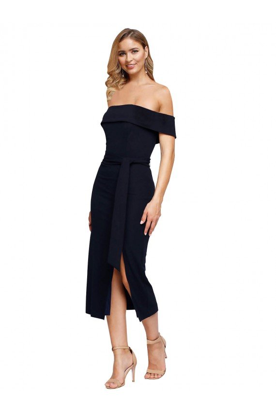 Sydney Fitted Short Cocktail Midi Length Off the Shoulder Formal Crepe Bridesmaid Dress / Prom Dress with Side Split and Waist Tie
