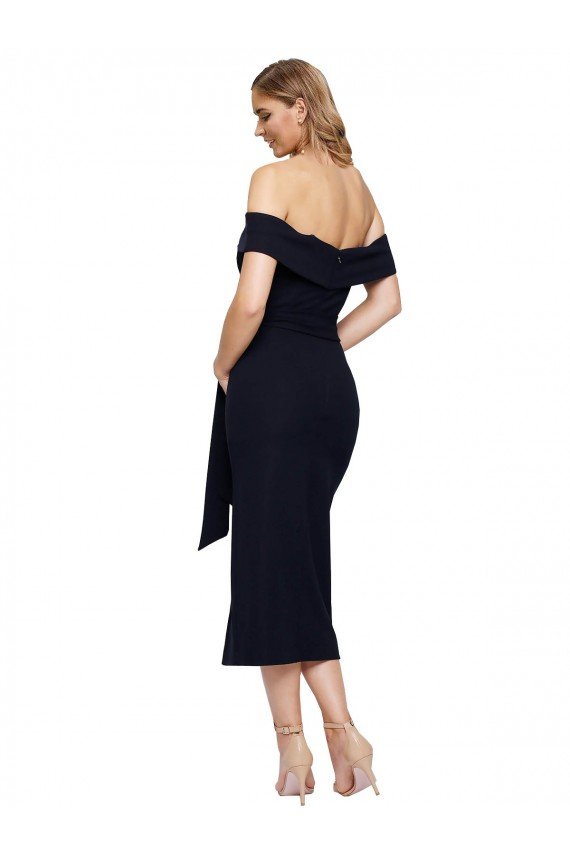 Sydney Fitted Short Cocktail Midi Length Off the Shoulder Formal Crepe Bridesmaid Dress / Prom Dress with Side Split and Waist Tie