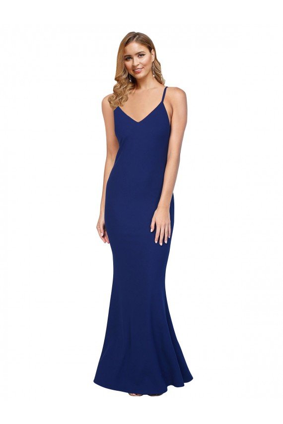 Sydney Full Length V-Neckline Formal Crepe Bridesmaid Dress / Prom Dress with Thin Straps and Fulted Skirt