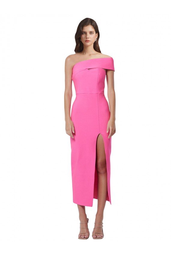 Sydney One Shoulder Neckline Short Midi Length Formal Crepe Bridesmaid Dress / Cocktail Prom Dress