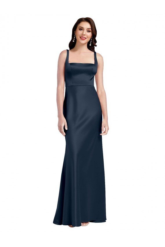 Sydney Square Neck A-Line Long Formal Stretch Satin Bridesmaid Dress / Prom Dress with Wide Straps