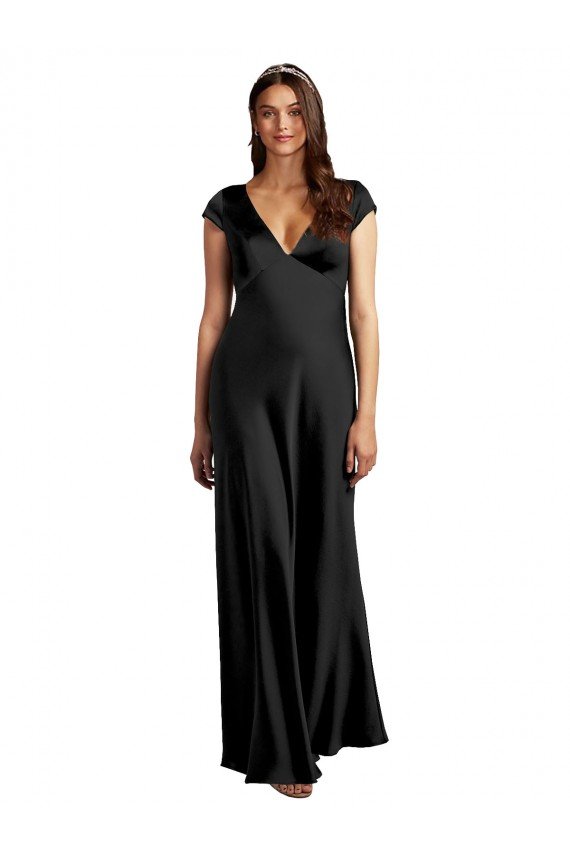 Sydney Plunging V-Neck Cap Cleeves Long Formal Stretch Satin Bridesmaid Dress / Prom Dress with Keyhole Back