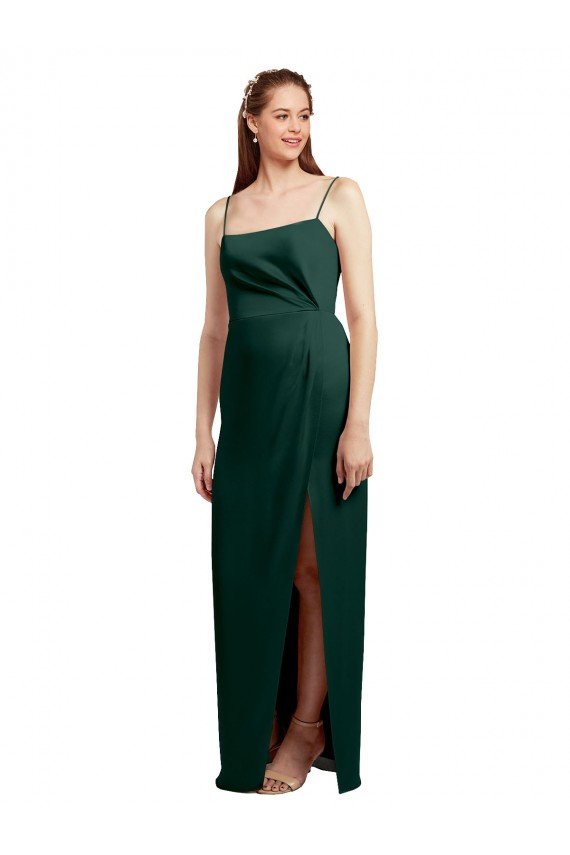 Sydney Sleek Straight Neckline Long Wrap Formal Stretch Satin Bridesmaid Dress / Prom Dress with Angled Pleats