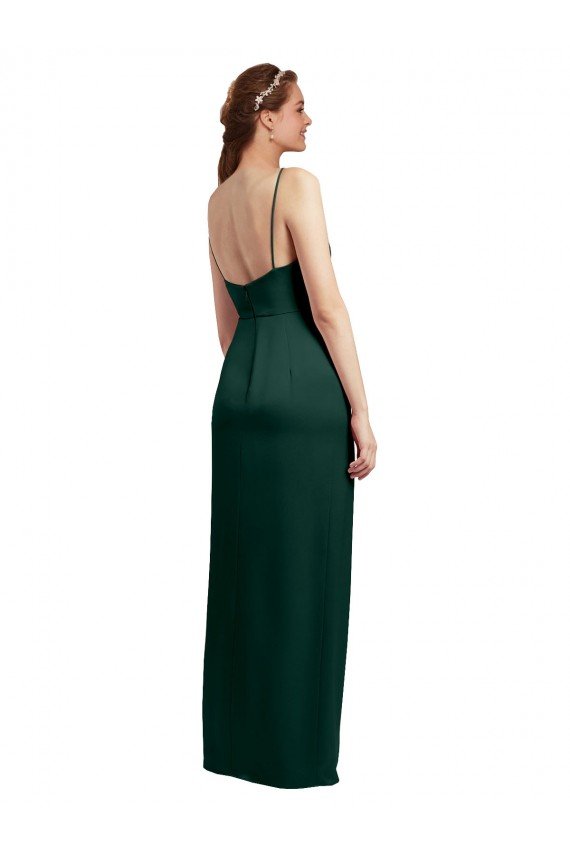 Sydney Sleek Straight Neckline Long Wrap Formal Stretch Satin Bridesmaid Dress / Prom Dress with Angled Pleats