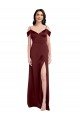 Sydney Draped Off the Shoulder Sleeves Slim A-Line Formal Stretch Satin Bridesmaid Dress / Prom Dress with Side Slit