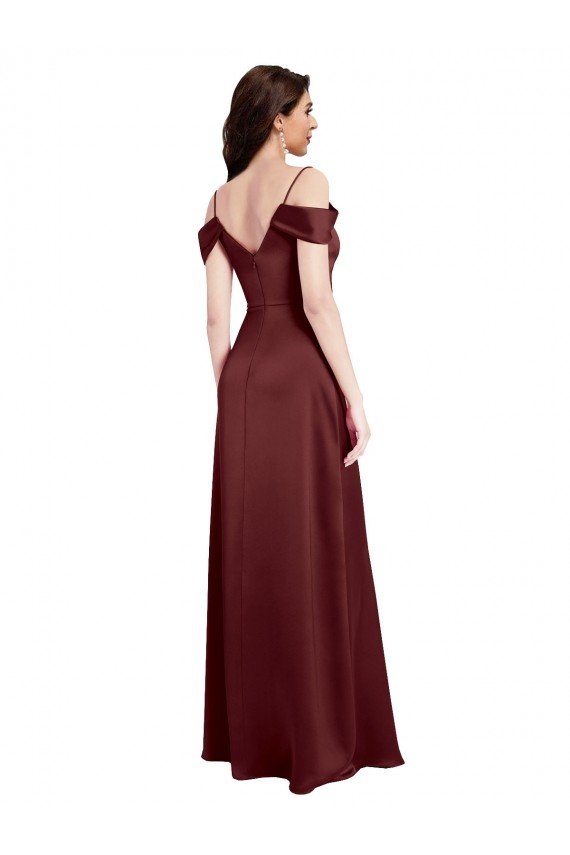 Sydney Draped Off the Shoulder Sleeves Slim A-Line Formal Stretch Satin Bridesmaid Dress / Prom Dress with Side Slit