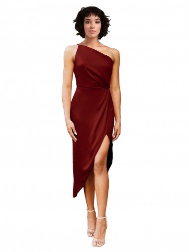 Sydney One Shoulder Cocktail Midi Length Short Formal Stretch Satin Wrap Style Bridesmaid Dress / Prom Dress