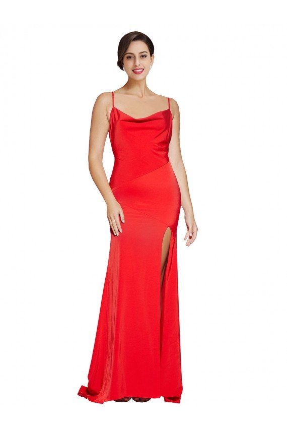 Sydney Low Back Cowl Neck Formal Stretch Satin Bridesmaid Dress / Prom Dress with High Side Slit