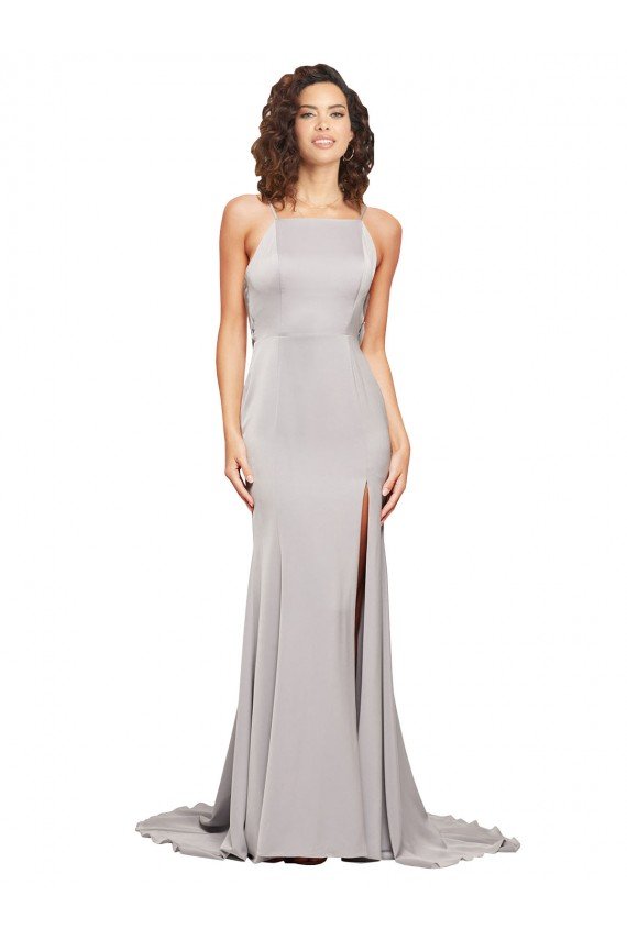Sydney High Neck Low Back Long Full Length Formal Stretch Satin Bridesmaid Dress / Prom Dress