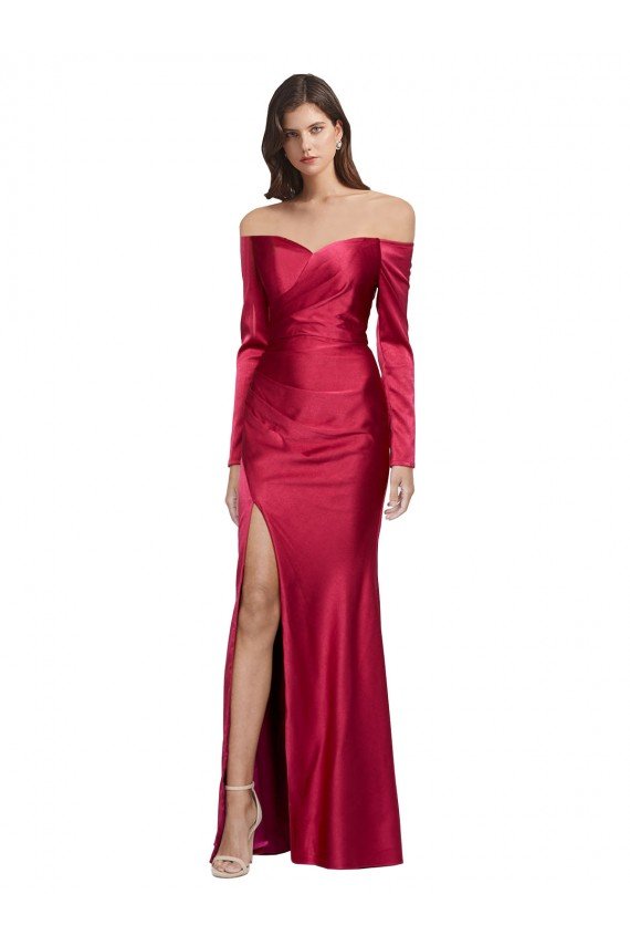 Sydney Long Sleeves Off the Shoulder Formal Stretch Satin Bridesmaid Dress / Prom Dress with High Side Split