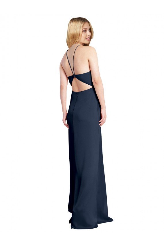 Sydney Halter Neckline Long Formal Stretch Satin Bridesmaid Dress / Prom Dress with Strappy Back and Side Slit