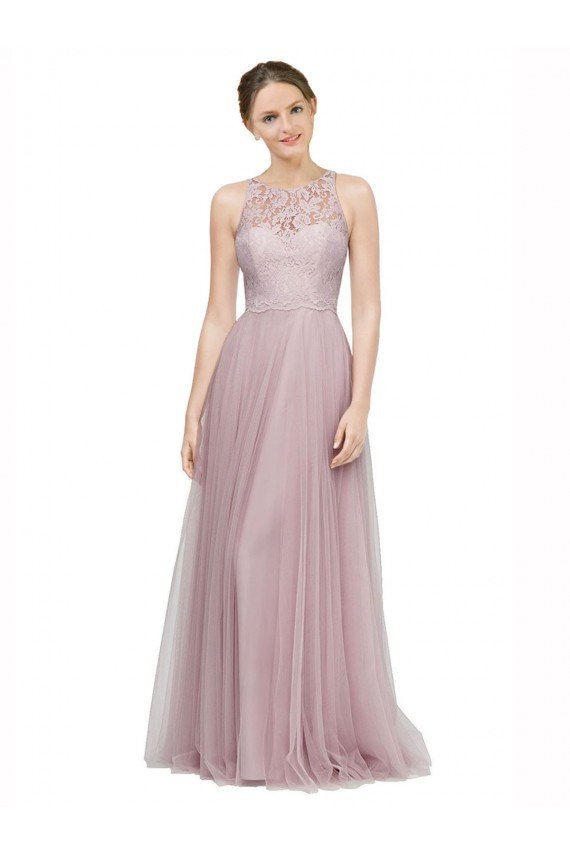 High Neck Long Tulle Bridesmaid Dress with Lace Bodice