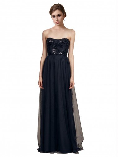 Sydney Strapless Sequined Lace Long Bridesmaid Dress with Pleats