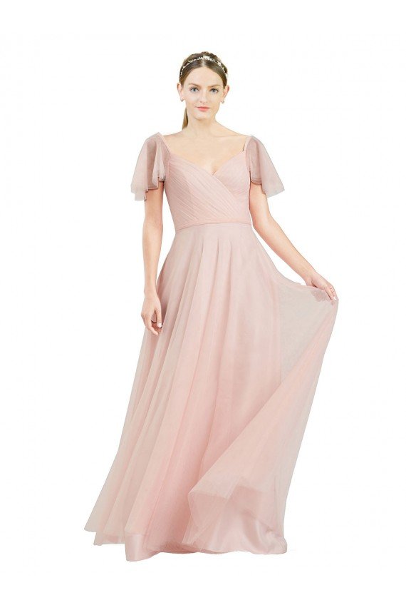 Sydney Long V-Neck Flutter Sleeves Tulle Bridesmaid Dress