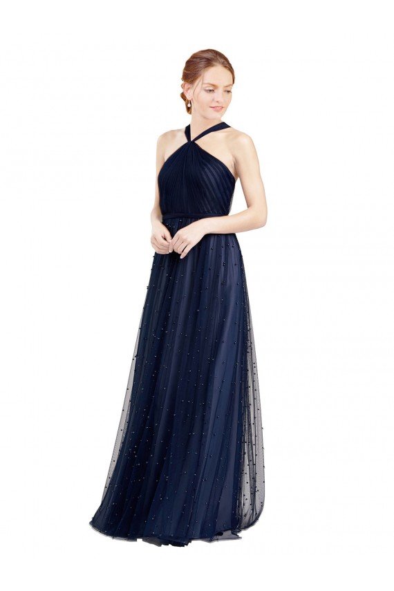 Sydney Floor Length Long Halter Pleated Tulle Bridesmaid Dress