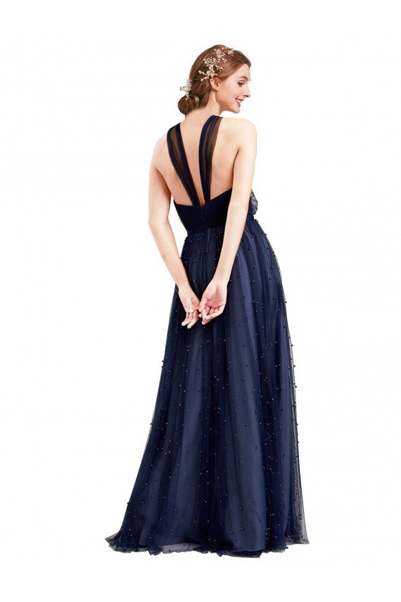 Sydney Floor Length Long Halter Pleated Tulle Bridesmaid Dress