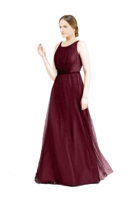 Sydney Sleeveless Boat Neck Long Pearl Tulle Bridesmaid Dress with Keyhole Back