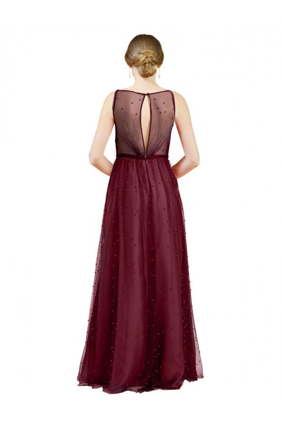 Sydney Sleeveless Boat Neck Long Pearl Tulle Bridesmaid Dress with Keyhole Back