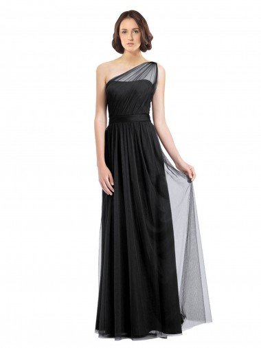 Sydney Ruched Long Soft Tulle Bridesmaid Dress with Sheer Netting Shoulder Strap