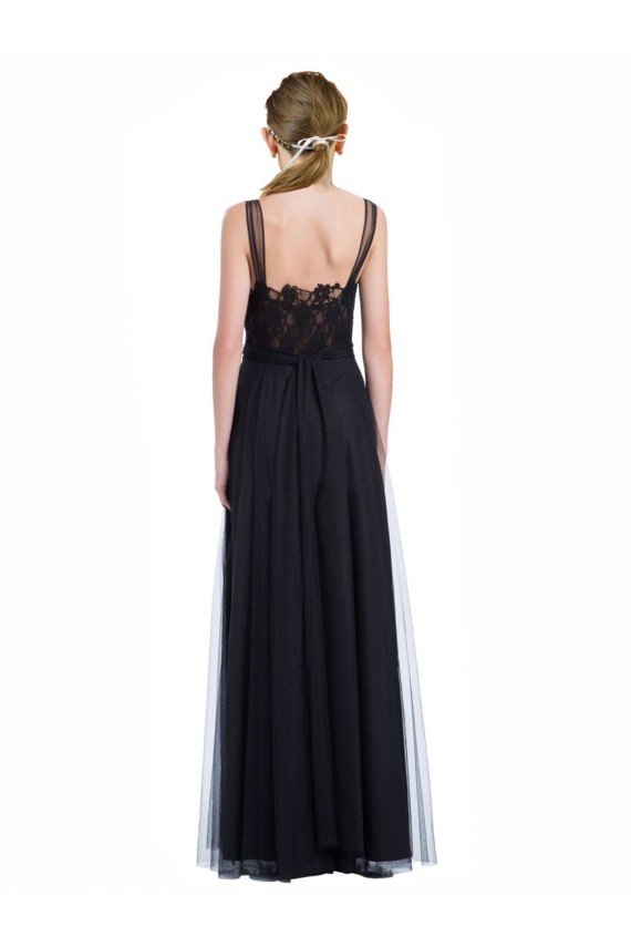 Full Length Tulle Bridesmaid Dress with Lace Bodice and Soft Tulle Illusion Top