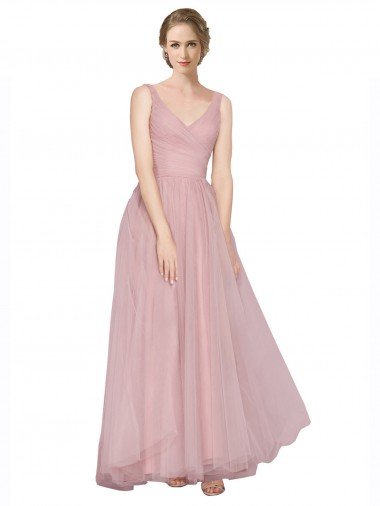 Sydney Long Floor Length Wide Strap Plunge Cross Over Neckline Tulle Bridesmaid Dress