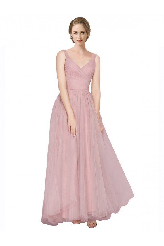 Long Floor Length Wide Strap Plunge Cross Over Neckline Tulle Bridesmaid Dress
