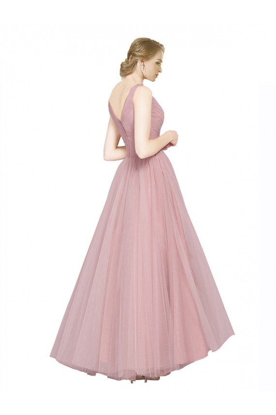 Long Floor Length Wide Strap Plunge Cross Over Neckline Tulle Bridesmaid Dress
