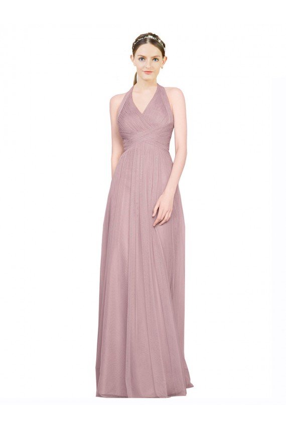 Sydney Ruffled Halter V-Neck Long Tulle Bridesmaid Dress with Pleats