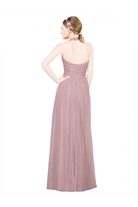 Sydney Ruffled Halter V-Neck Long Tulle Bridesmaid Dress with Pleats