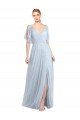 Sydney Floor Length Flutter Sleeves Long Tulle Bridesmaid Dress with Side Slit
