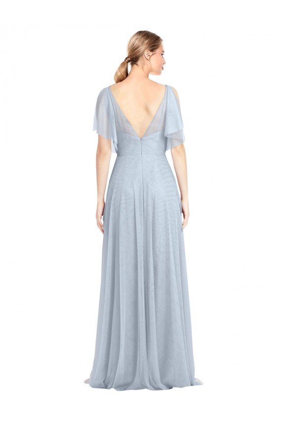 Sydney Floor Length Flutter Sleeves Long Tulle Bridesmaid Dress with Side Slit