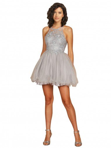 Sydney Halter Neckline Criss Cross Back Short Cocktail Dress with Beaded Lace Bodice