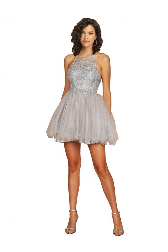 Sydney Halter Neckline Criss Cross Back Short Cocktail Dress with Beaded Lace Bodice
