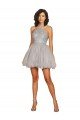 Sydney Halter Neckline Criss Cross Back Short Cocktail Dress with Beaded Lace Bodice