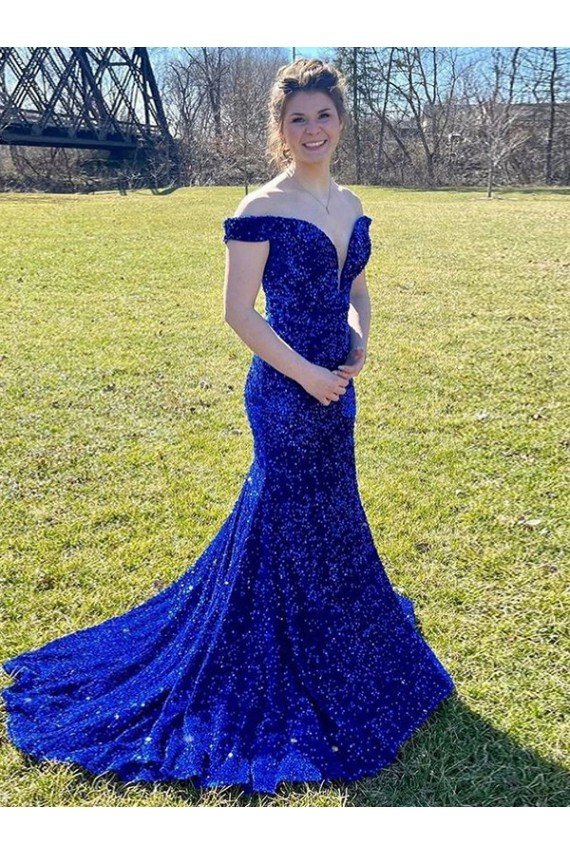 Sydney Off the Shoulder Sleeveless Long Sweep Train Velvet Sequin Prom Dress