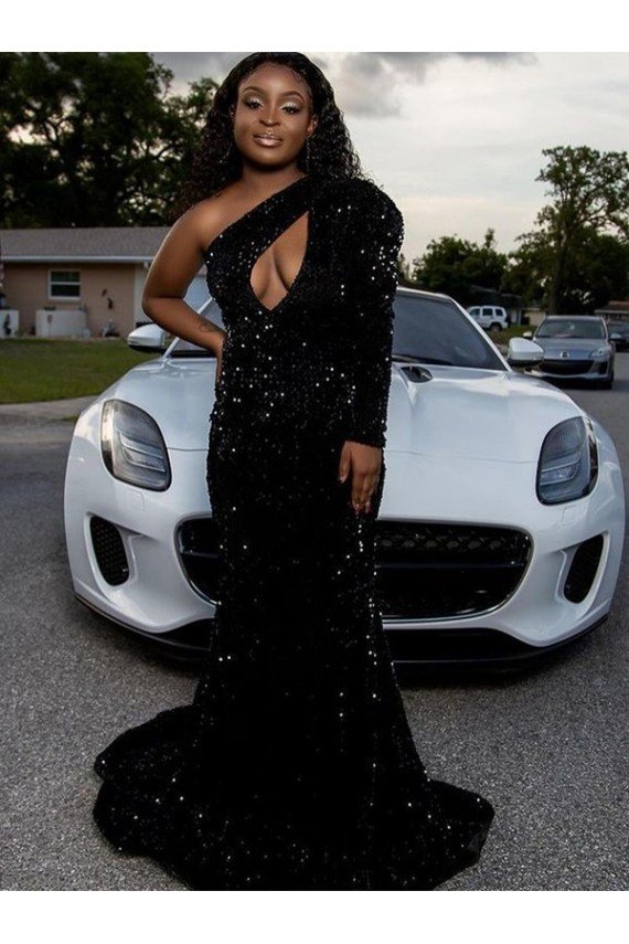 Sydney One Shoulder Long Sleeves Long Sweep Train Velvet Sequin Prom Dress