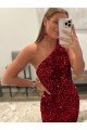 Sydney Open Back One Shoulder Sleeveless Long Sweep Train Velvet Sequin Prom Dress