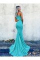 Sydney Mermaid One Shoulder Sleeveless Long Sweep Train Velvet Sequin Prom Dress
